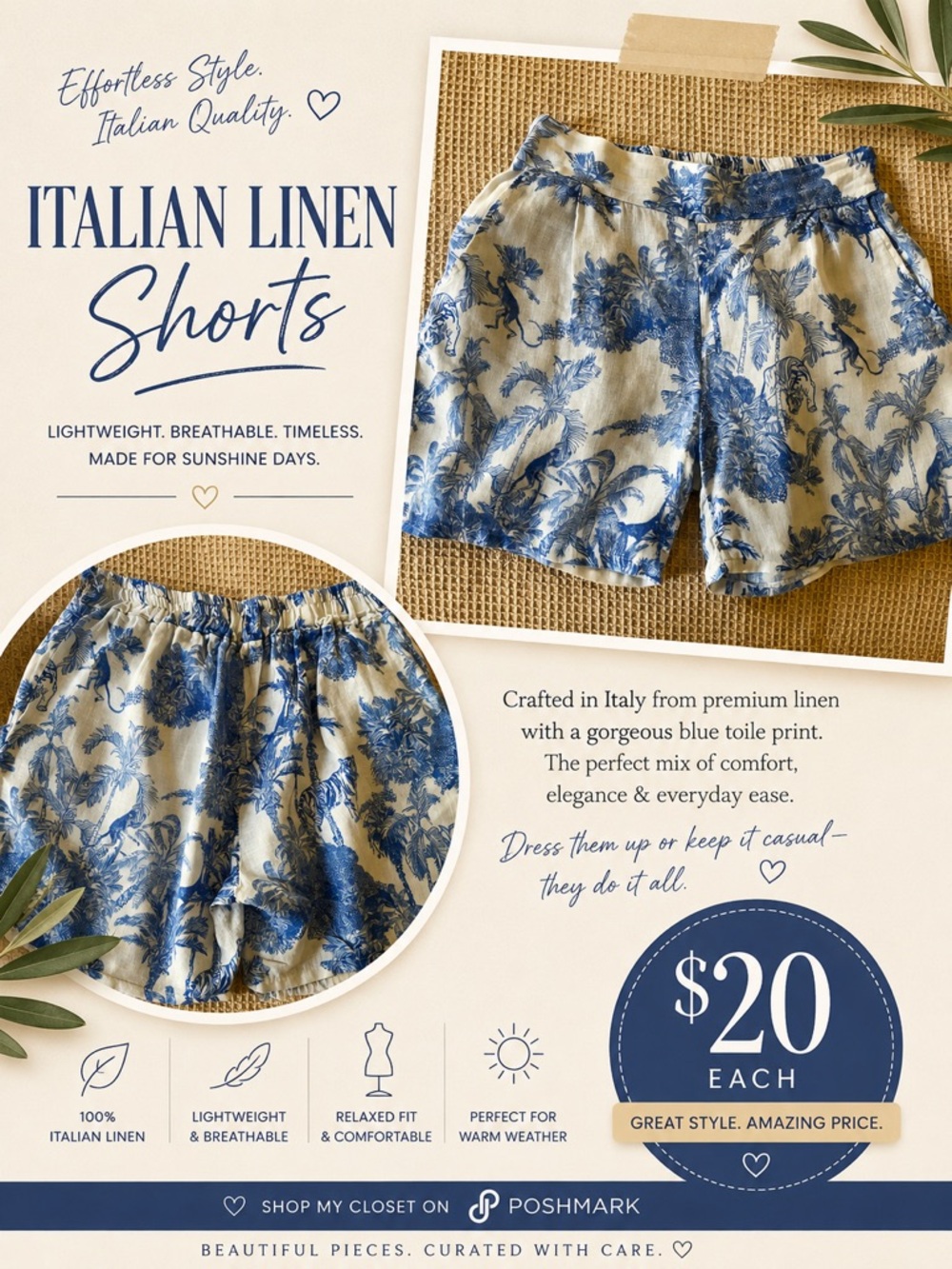 Italian Linen High-Waist Shorts in Blue Toile. Elastic Waist 15” /length 16 1/2